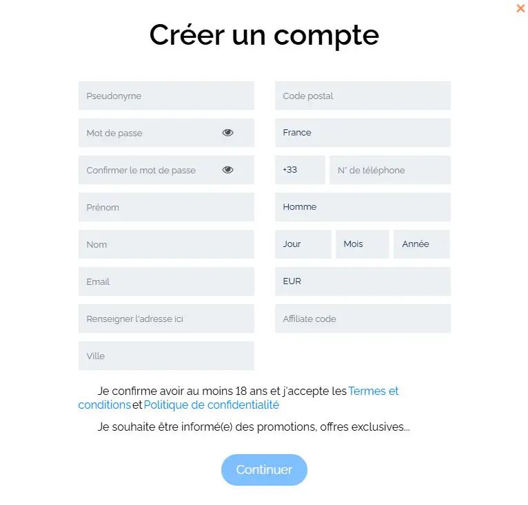 Processus d'inscription WINORIO CASINO